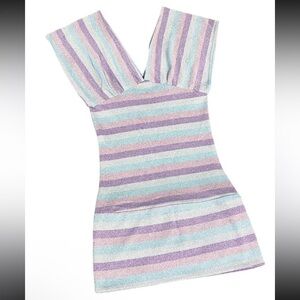 Vintage 1970s Striped Shimmery V-Neck Mini Dress Medium